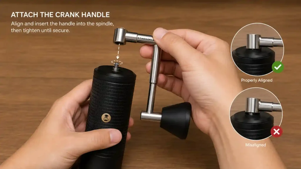 Attaching the TIMEMORE C5 Pro crank handle to the grinder spindle