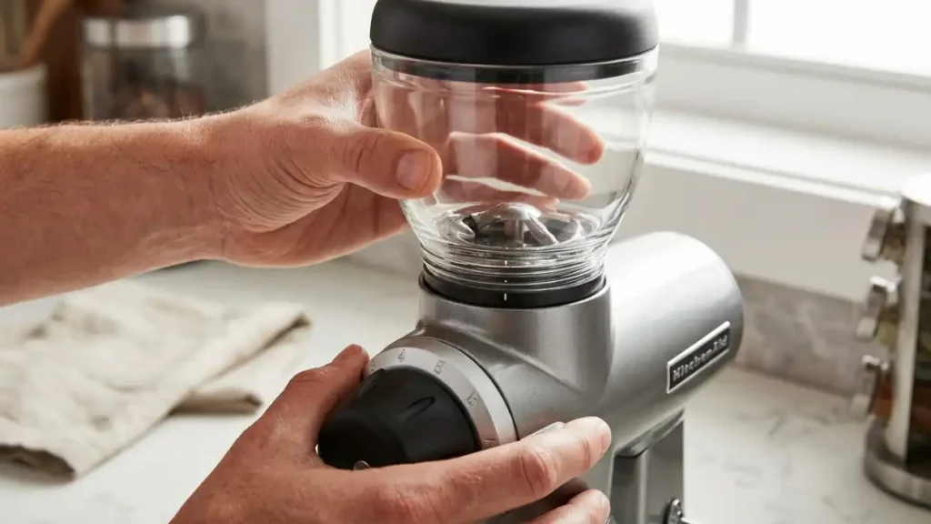 Attaching the glass hopper to the KitchenAid burr coffee grinder