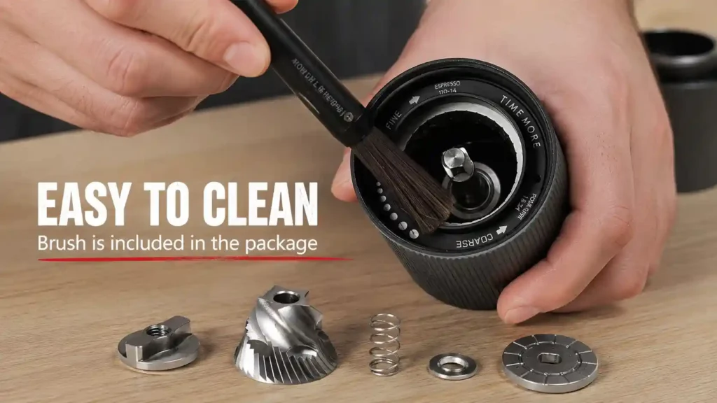 Cleaning coffee grounds from the TIMEMORE C2S conical burr chamber with a brush