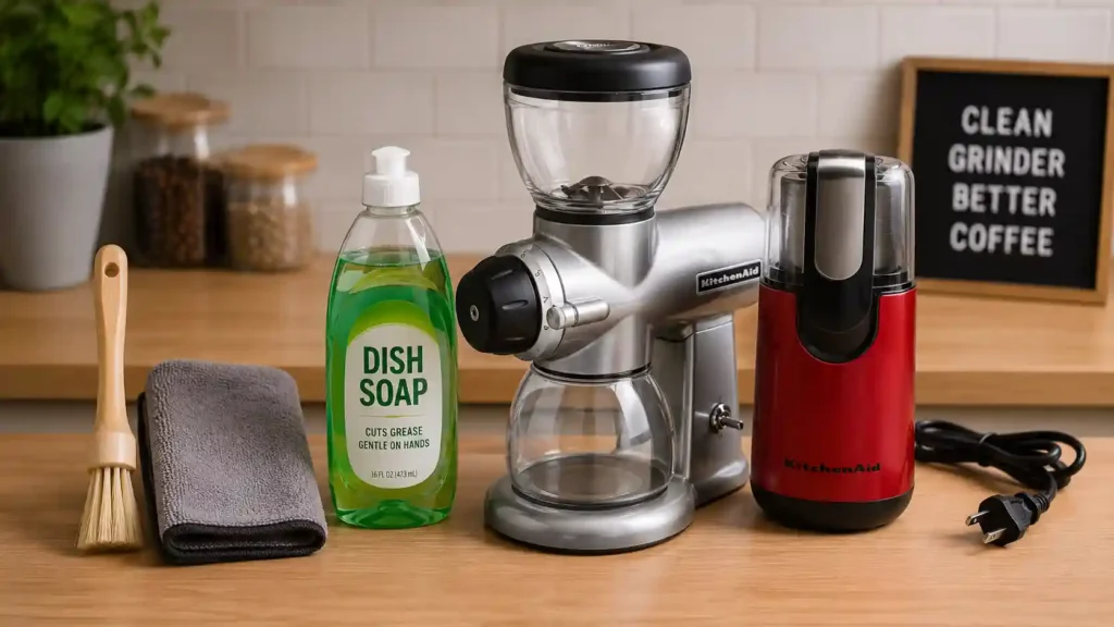 Cleaning supplies needed for a KitchenAid coffee grinder
