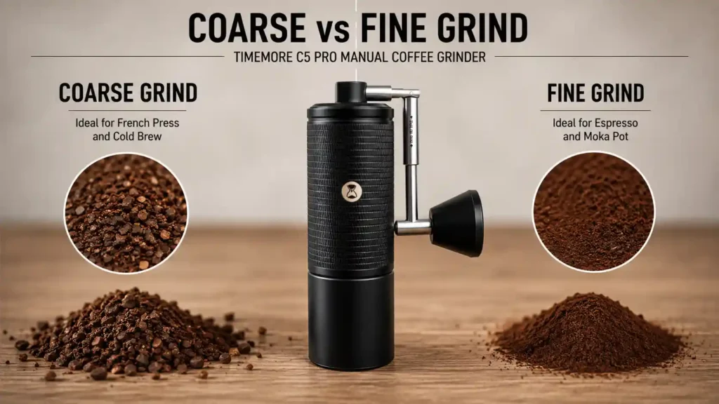 Coarse French press grind next to fine espresso grind from the TIMEMORE C5 Pro