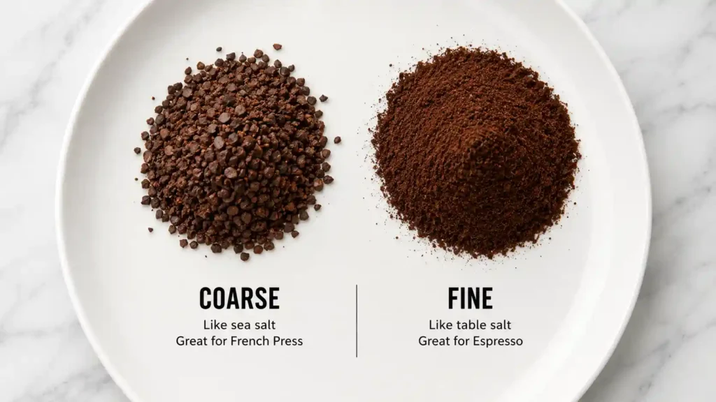 Coarse French press grind next to fine pour-over grind from Hario grinder