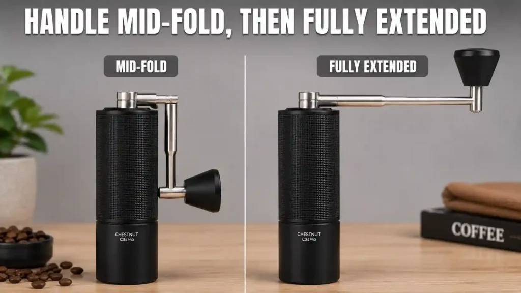 Folding crank handle on TIMEMORE C3S Pro extended for grinding