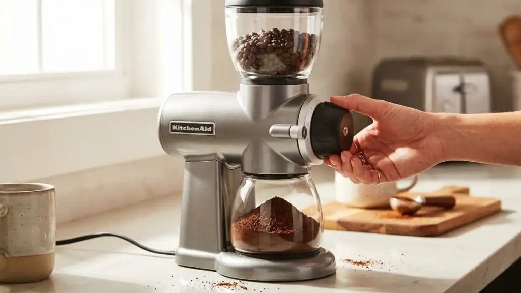 Hand adjusting the KitchenAid burr grinder dial to select a grind setting