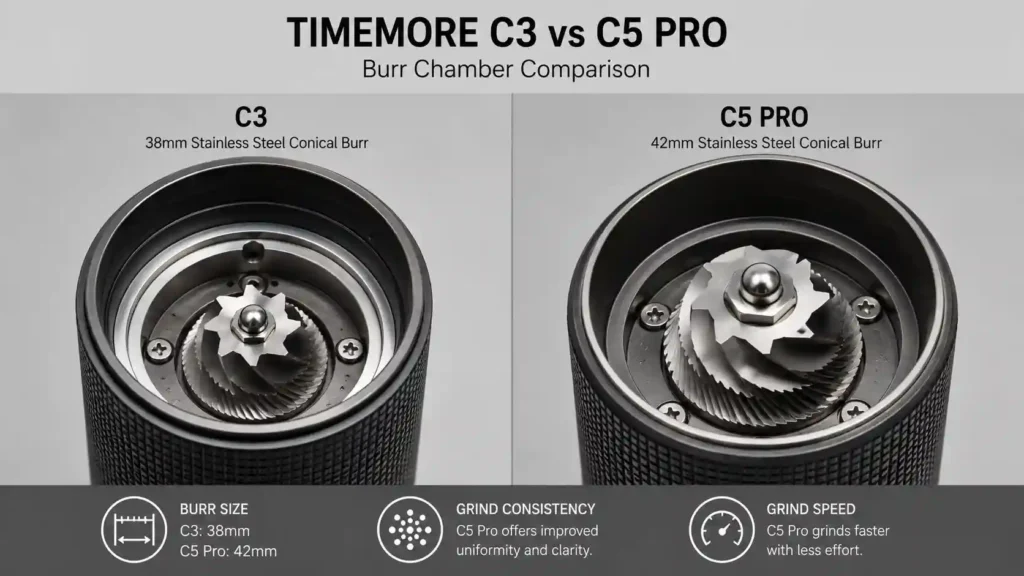 TIMEMORE C3 and C5 Pro burr chambers compared, showing 38mm vs 42mm burr size difference
