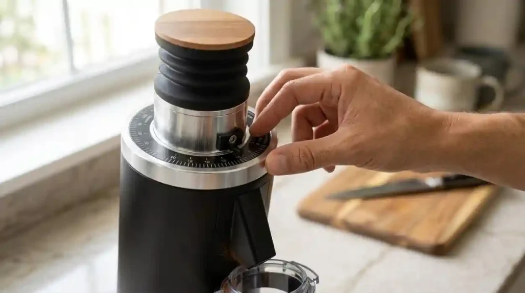Adjusting the stepless grind dial on the MiiCoffee DF54