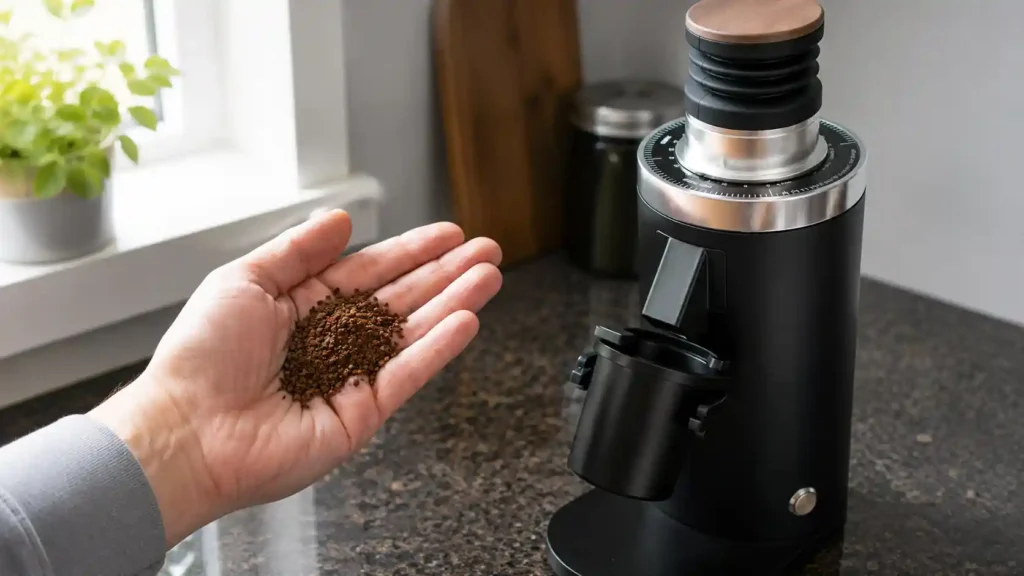 Checking coffee grind coarseness next to a DF64 II grinder