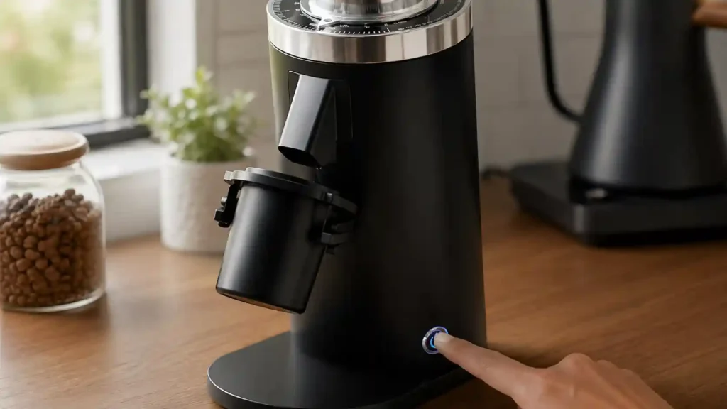 Checking the power switch and LED light on the MiiCoffee DF64 II grinder