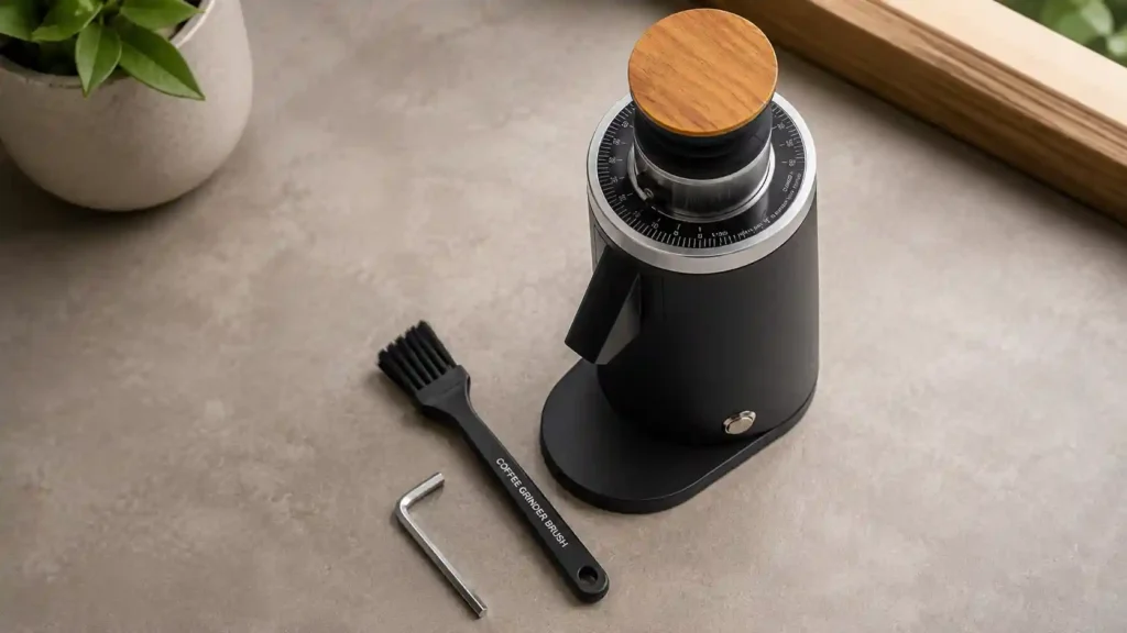 Cleaning brush and allen key next to a MiiCoffee DF54 coffee grinder on a kitchen counter