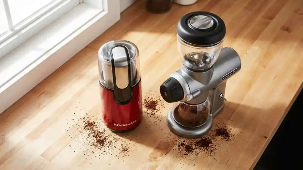 Coffee grounds scattered on a counter beside an open coffee grinder bowl