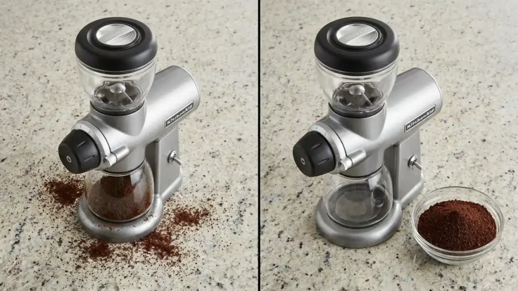 Comparison of a messy counter versus a clean counter after correctly using a coffee grinder