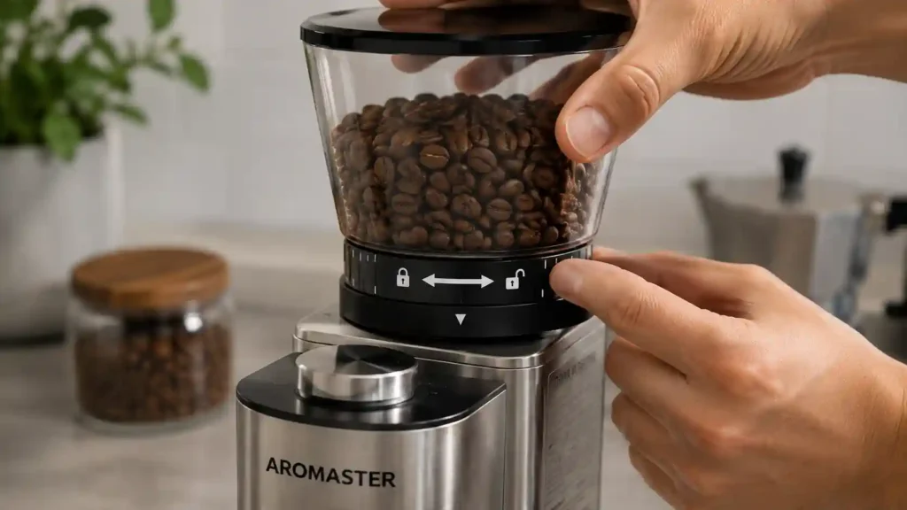 Hands locking the bean hopper onto an Aromaster coffee grinder