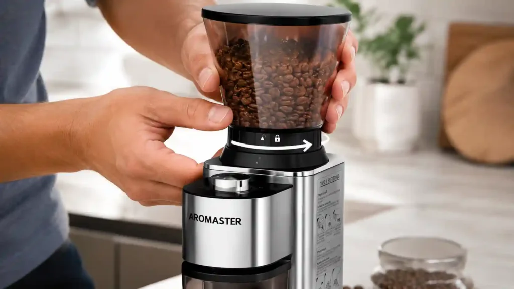 Locking the bean hopper into place on an Aromaster coffee grinder