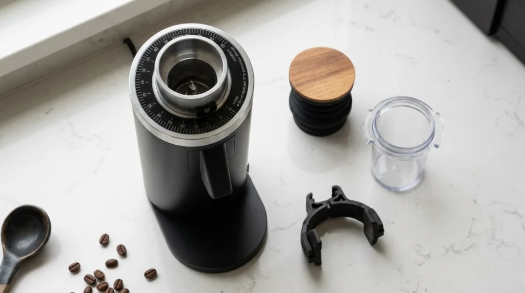 MiiCoffee DF54 grinder and included accessories laid out before setup.