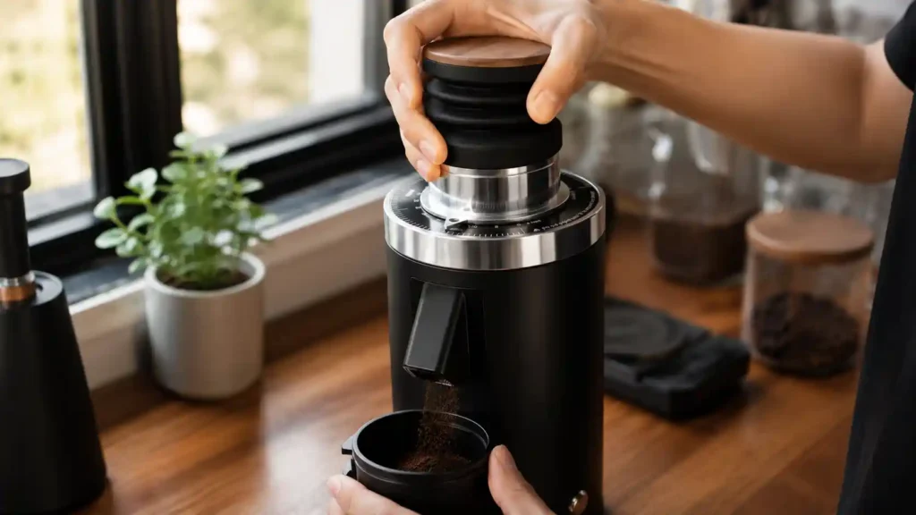 Seating the burr carrier into a single-dose coffee grinder during first-time setup