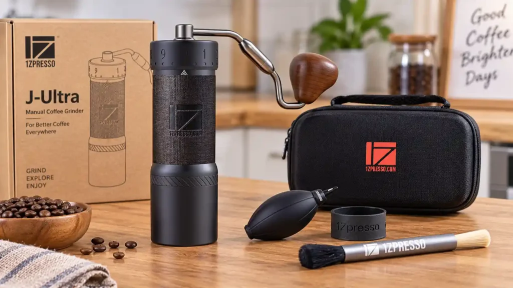 1Zpresso J-Ultra grinder unboxed with included cleaning brush, blower, and travel case