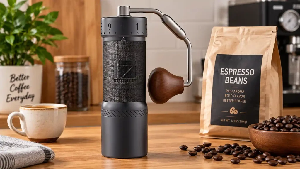 1Zpresso J-Ultra manual espresso grinder on a kitchen counter before use