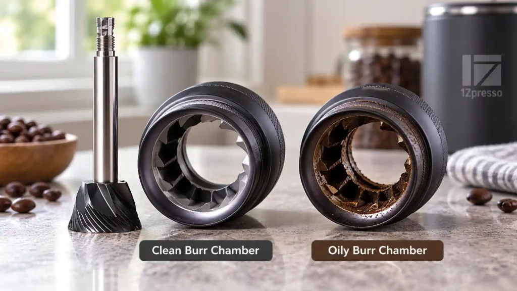 Comparison of a clean coffee grinder burr chamber next to one with oily residue buildup