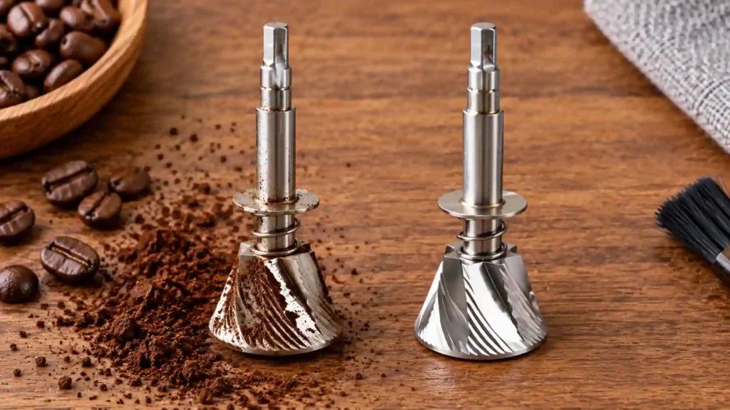 Comparison of a coffee grinder burr set before and after cleaning