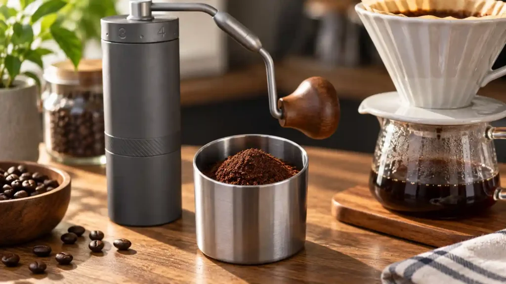 Fresh grounds from the 1Zpresso X-Ultra next to a pour-over dripper.