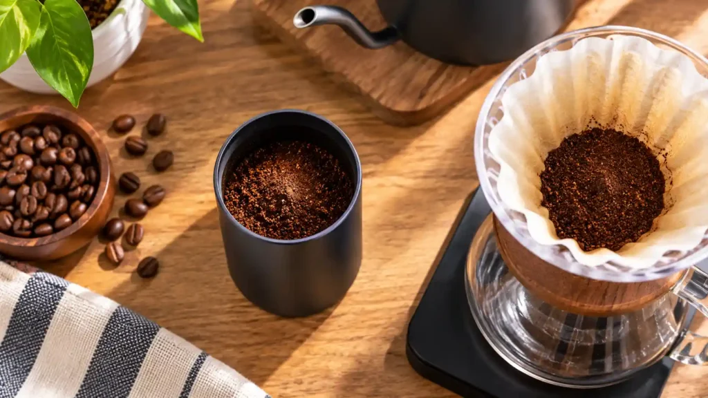 Freshly ground coffee from a 1Zpresso K-Ultra ready for pour-over brewing