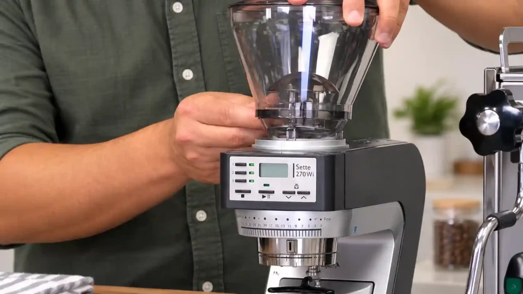 Hands aligning the bean hopper on a Baratza Sette 270Wi grinder base