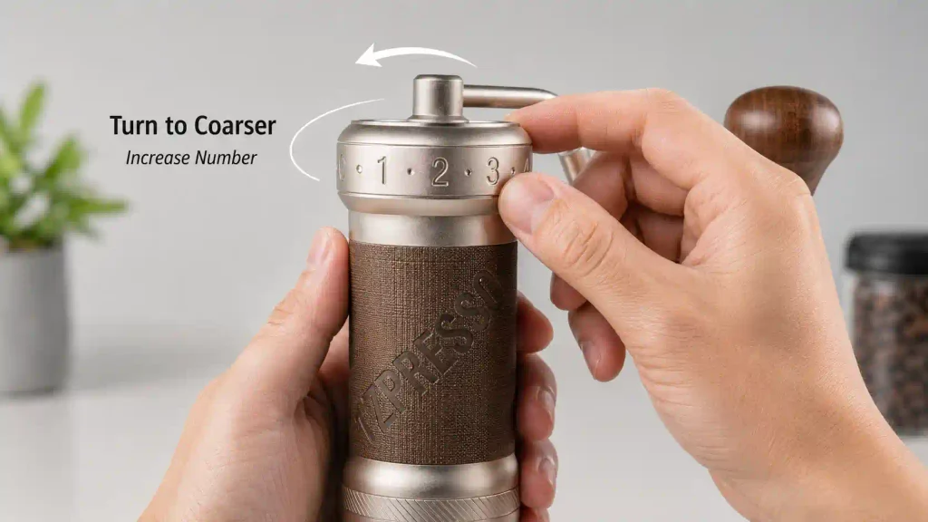 Hands loosening a manual coffee grinders adjustment dial that had become stuck
