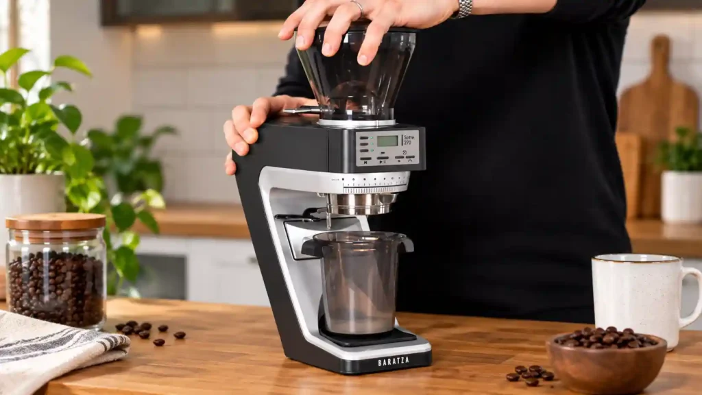 Person inspecting a Baratza Sette 270 grinder before troubleshooting.
