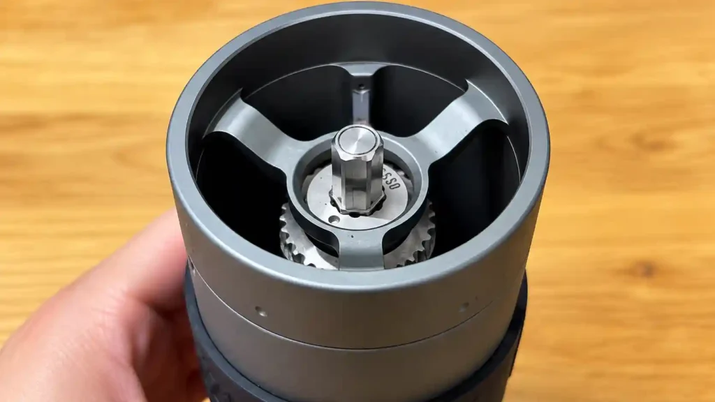 Pressing the central shaft down to release a jammed 1Zpresso X-Ultra handle
