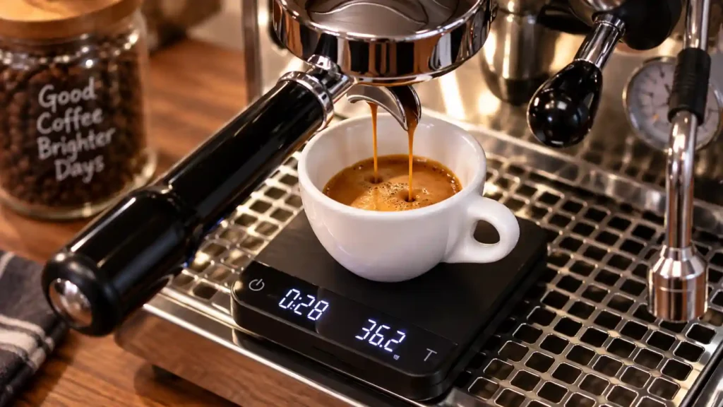 Pulling a test shot while dialing in the Sette 270Wi