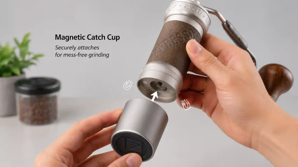 Reattaching a manual coffee grinders magnetic catch cup after cleaning