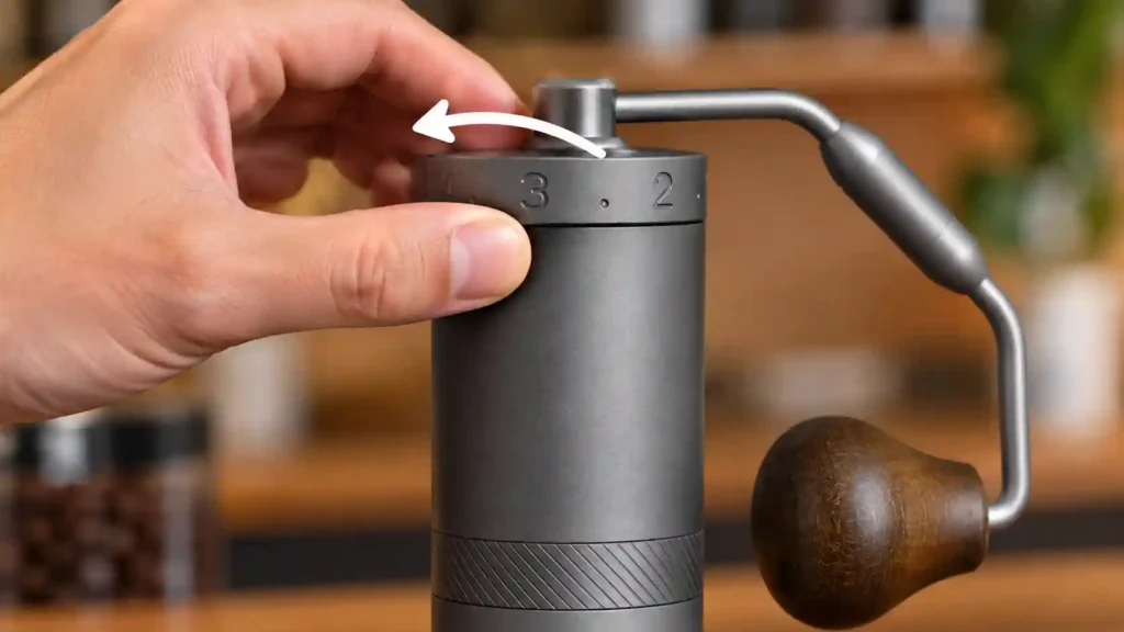 Turning the 1Zpresso X-Ultra external dial counter-clockwise to find the zero point