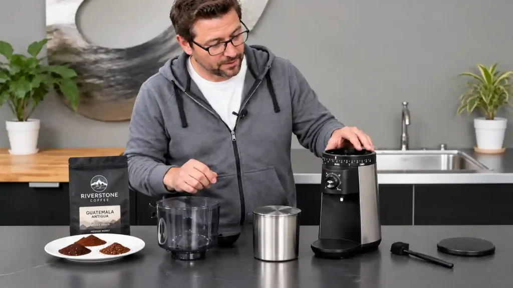 Brush and cloth next to a burr coffee grinder on a kitchen counter