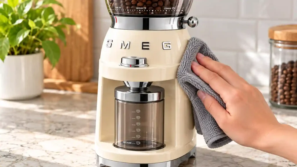 Wiping a coffee grinder's base with a damp cloth.