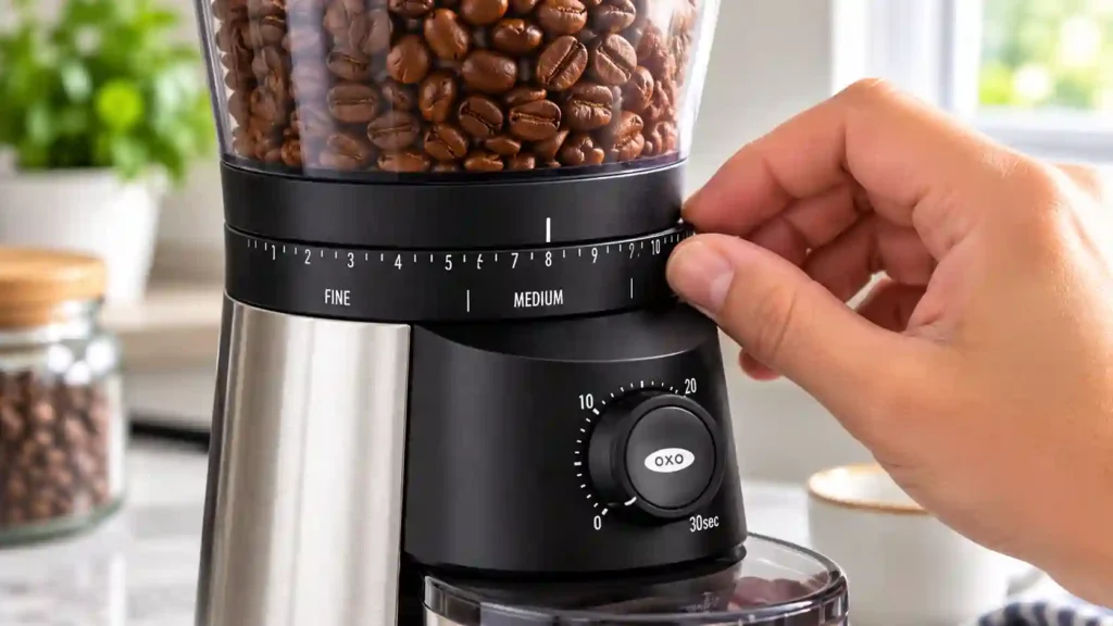 Hand turning the grind size dial on an OXO conical burr grinder.