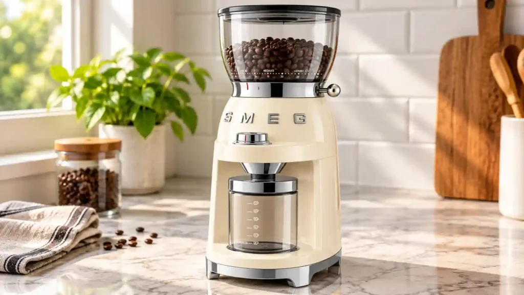 Retro Smeg-style coffee grinder showing the grind lever, preset knob and start button