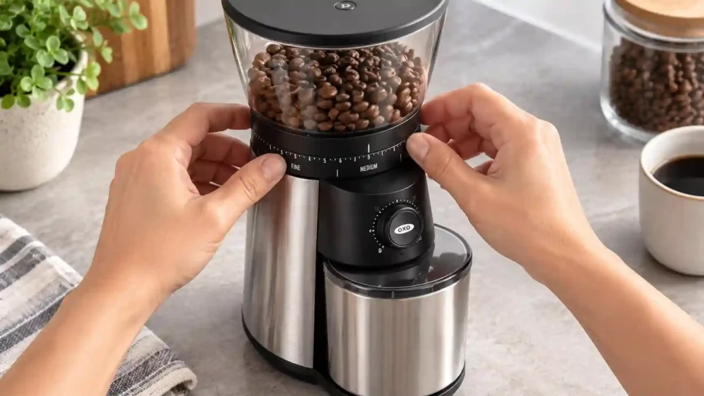 Rotating the grind adjustment ring on an OXO burr grinder